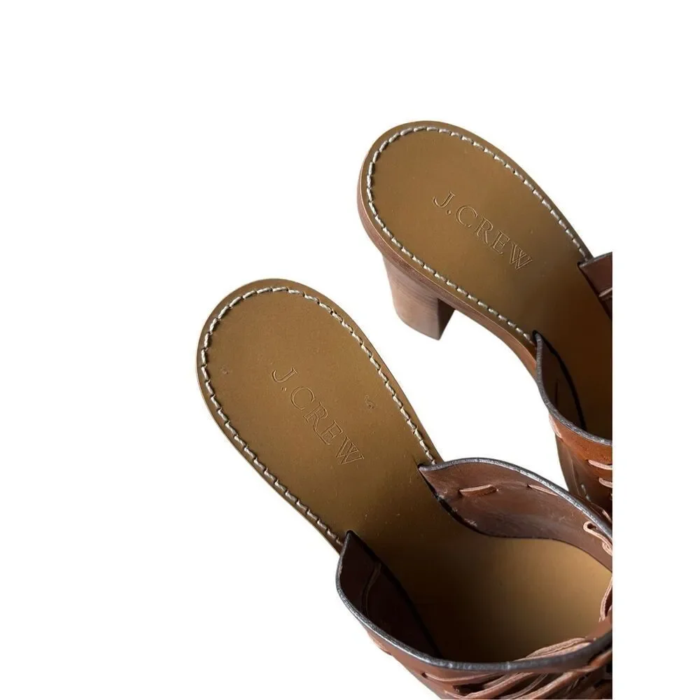 J. Crew Marlow Huarache Leather Mules Sandals size 7.5 Block Wood Heel‎ Brown